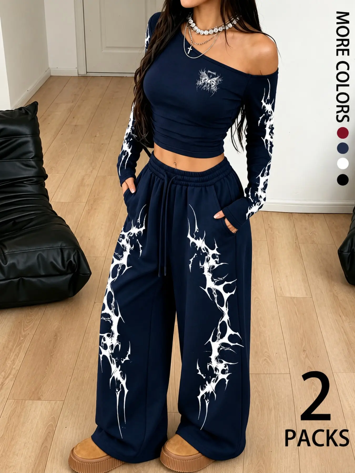Women's Gothic Thorn Print 2 Piece Outfit, Off Shoulder Long Sleeve Ruched Crop Top & Drawstring Baggy Wide Leg Sweatpants Streetwear Set
