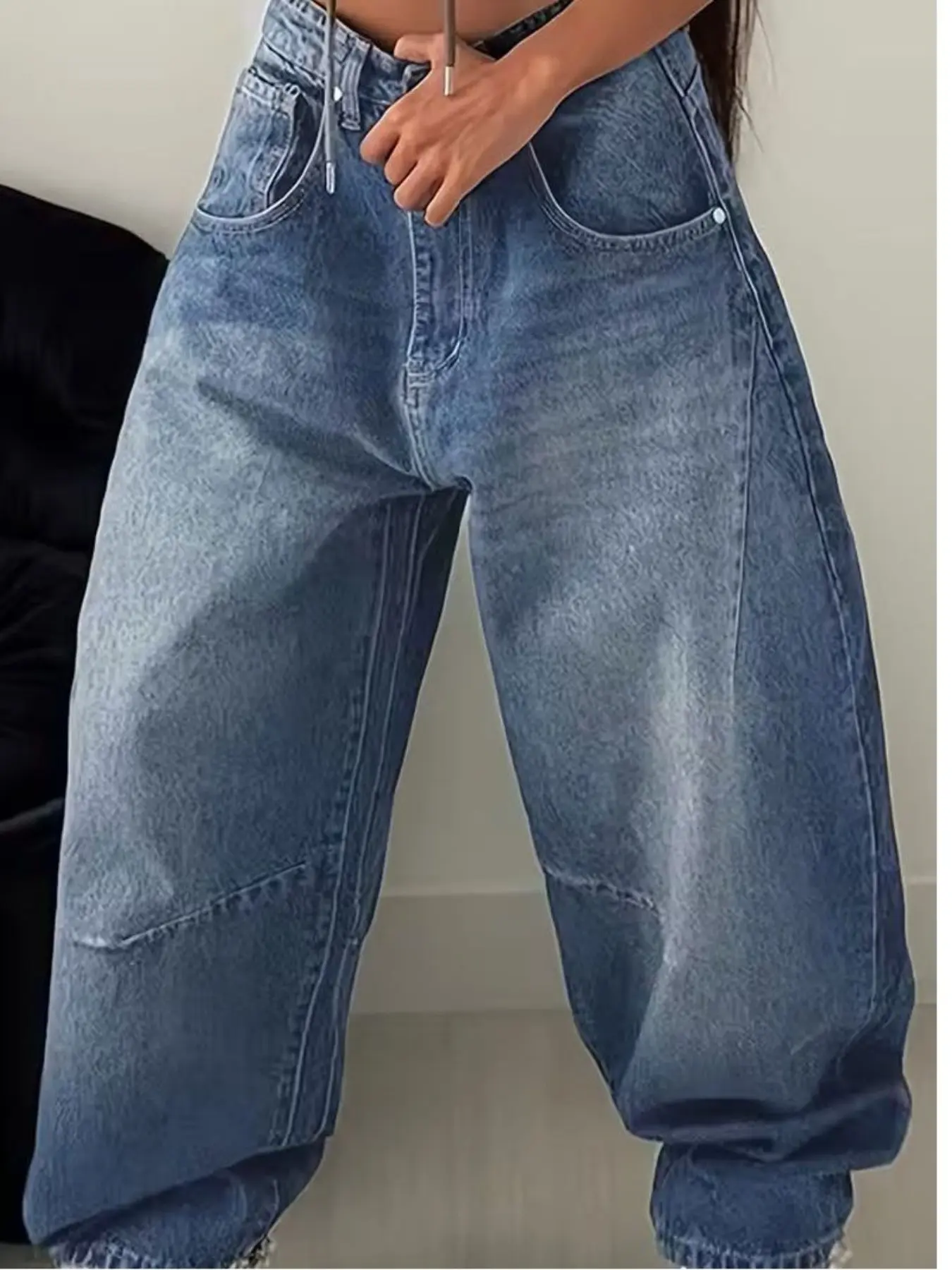 Women's Plus Size Loose Wide Leg Jeans, Hip-Hop Style Fashion Casual, Classic Blue Washed Vintage, Belt Design, Perfect for Outdoors