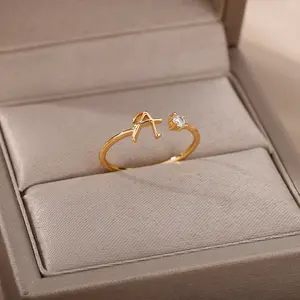 Zircon letter ring with adjustable opening, simple and elegant small tail ring