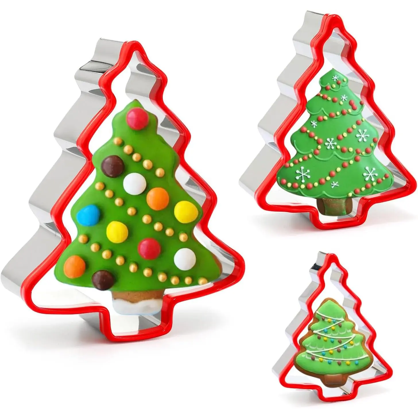 Christmas Tree Cookie Cutters 3 count, Stainless Steel Christmas Cookie  Tools with Red Environmental PVC, Christmas tree Shape Moulds Set for Baking
