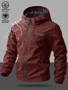 Men's Casual Hooded Chest Jacket, Plain Design with Large Pockets, Zipper Comfort Soft Shell Fabric, Outdoor Sporty Lightweight Coat