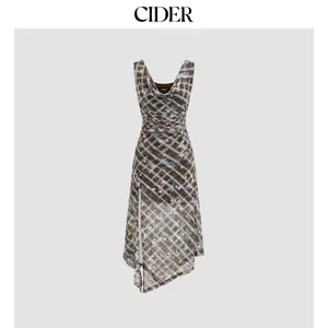 Cider Mesh Check & Floral Ruched Split Maxi Dress