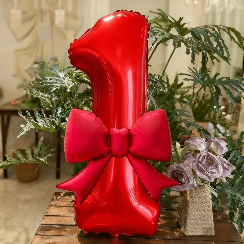 Two-piece set of large red number balloons with bows - Helium-filled shiny metallic foil 0-9 number balloon set, suitable for birthday, wedding, New Year's party decorations, bulk packaging, outdoor party supplies