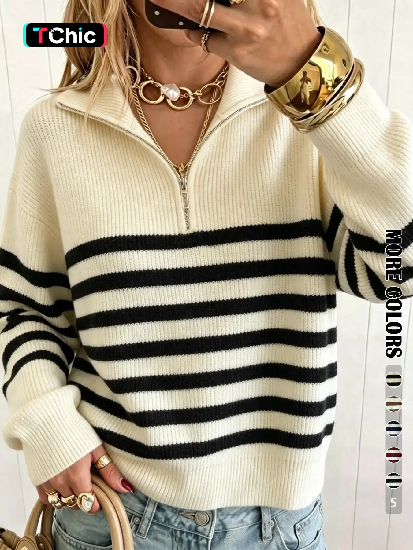 Autumn Winter Striped Zipper Collar Pullover Sweater, Fashion Casual Loose Fit Knitwear, Versatile Long Sleeve Top for Men & Women