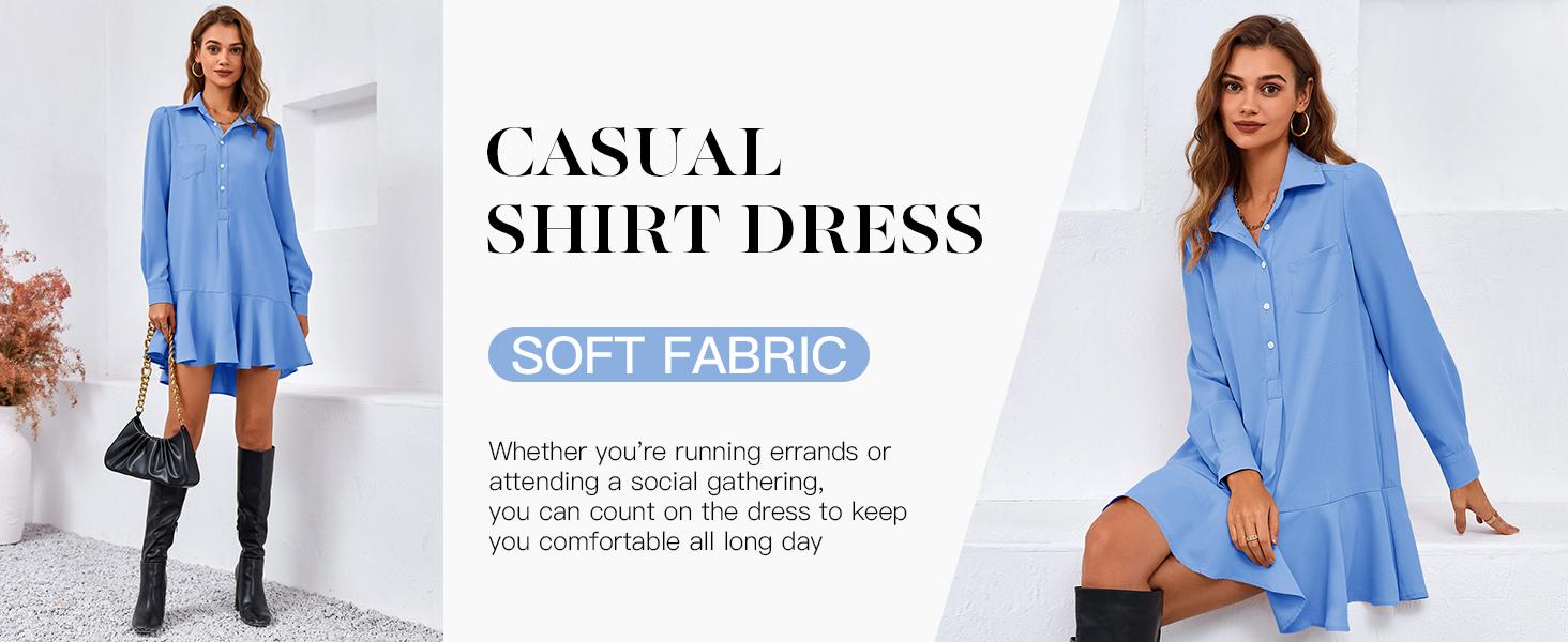 FMEYOA Womens Casual Button Down Shirt Dress Long Sleeve Collared Pleated Swing Mini Dresses FMEYOA Womens Casual Button Down Shirt Dress Long Sleeve Collared Pleated Swing Mini Dresses