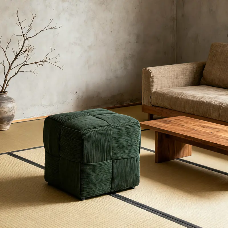 Green Corduroy Cube Ottoman Footstool - Upholstered Square Pouf, Soft Padded Accent Stool, 300 lbs Max Capacity, Comfortable Foot Rest & Extra Seat, Modern Home Decor for Living Room, Bedroom