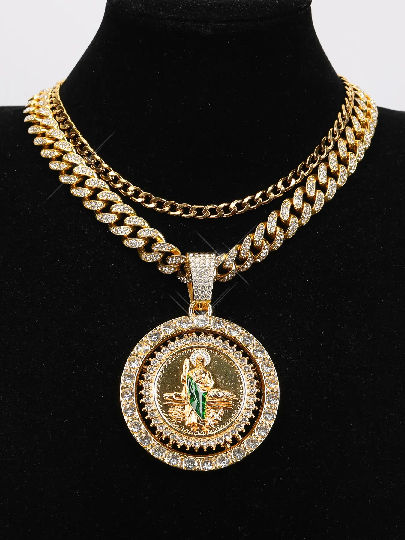 3pcs Trendy Full Diamond Clothing Disc St. Jude Pendant, Low Sensitivity Rhinestone Inlay, Versatile Necklace for Parties
