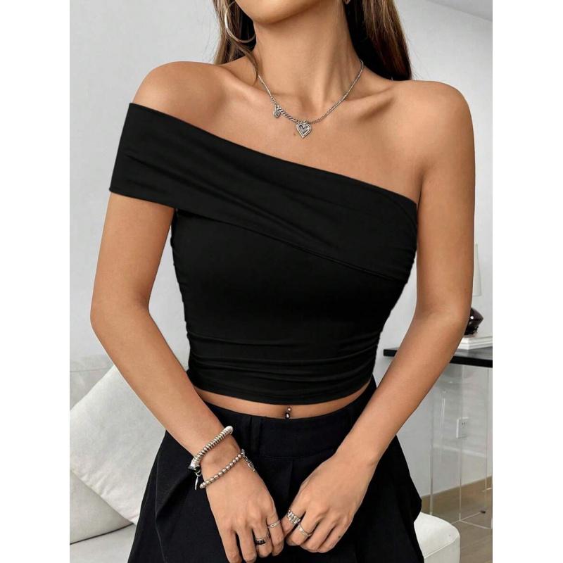 Sexy Y2K Ruched Crop Tee Shirt for Women, Solid Color Oblique Off Shoulder Short Sleeve Top, 2026 Summer Fashion Essential, Perfect for Club Party, Travel & Daily Casual Outfit