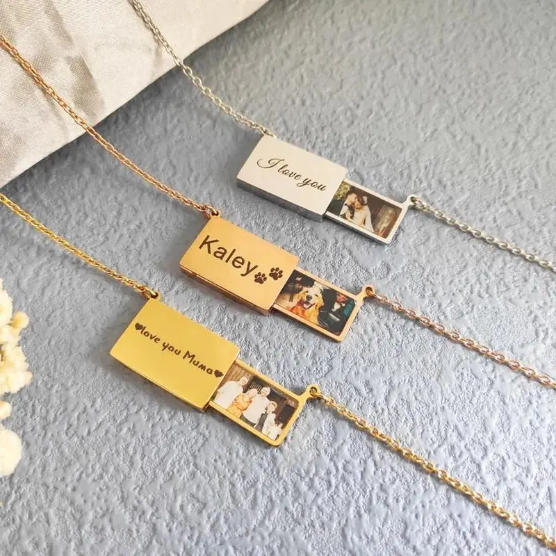 Personalized Stainless Steel Photo Locket Necklace - Custom Pull-Out Envelope Pendant with Engraved Message Meaningful Gift