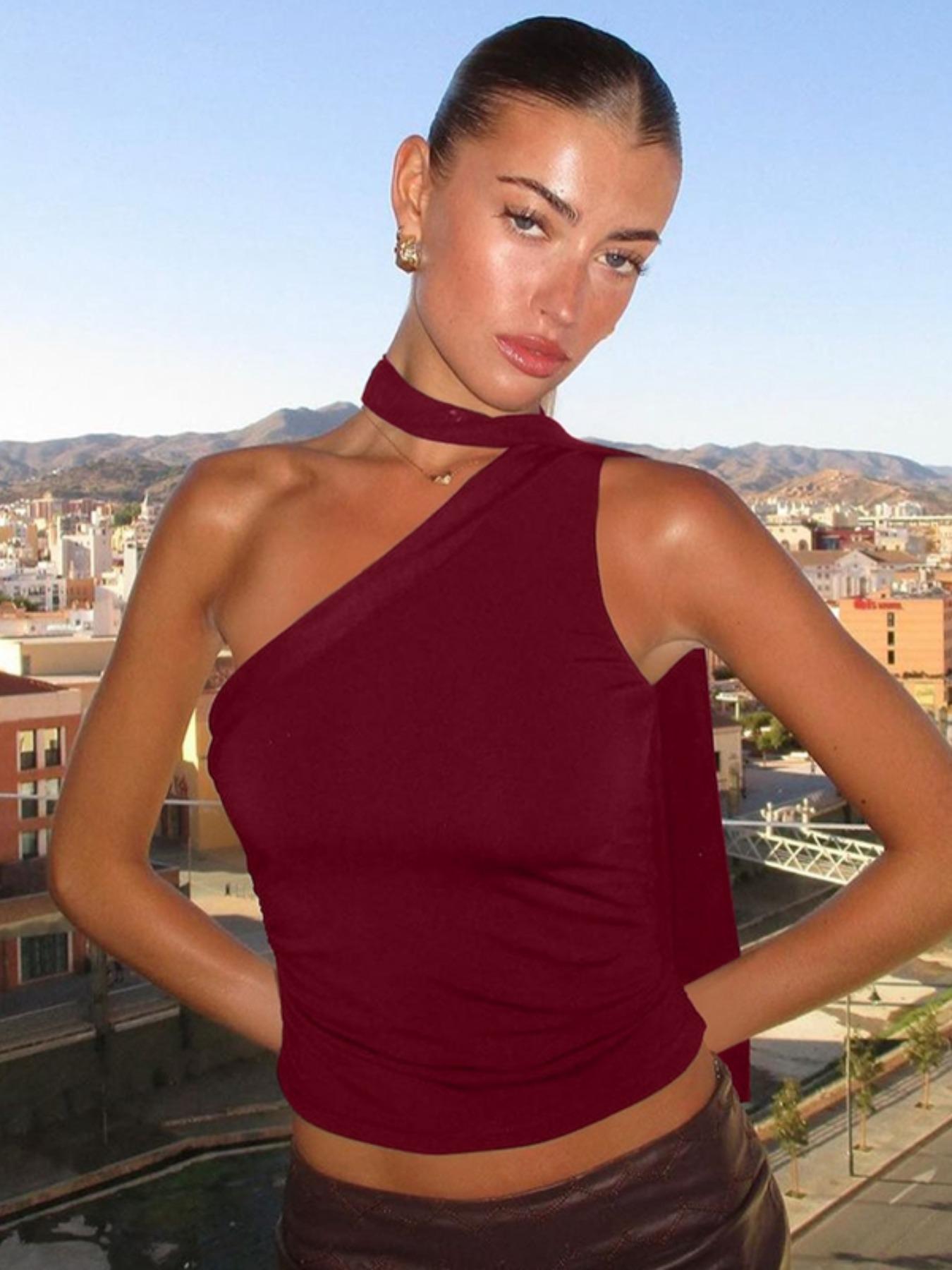 Women's Leopard Print Ruched One Shoulder Top, Fashion Casual Fitted Sleeveless Top for Daily Outdoor Wear, Ladies Clothes for Summer