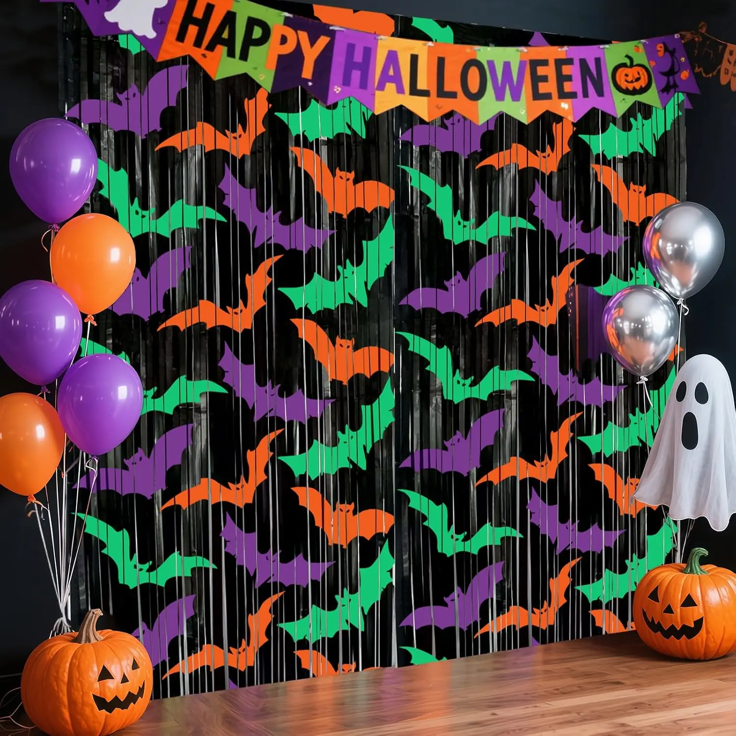2 Packs Bat Foil Fringe Curtains -  Orange Green Halloween Door Streamers for Photo Backdrop, 3.3 x 6.6 ft Tinsel Curtains for Beetlejuice,  or Neon Glow Party Decorations