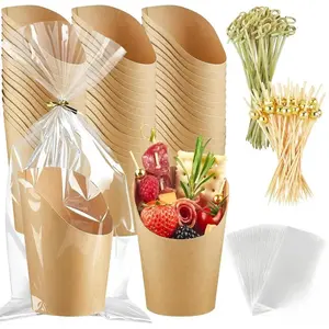 50 Charcuterie Cups + 200 Cocktail Picks + 50 Bags, 14oz Disposable Charcuterie Cups with Sticks and Bags Paper Appetizer Cups for Party, French Fry Holder Snack Cups (Brown)