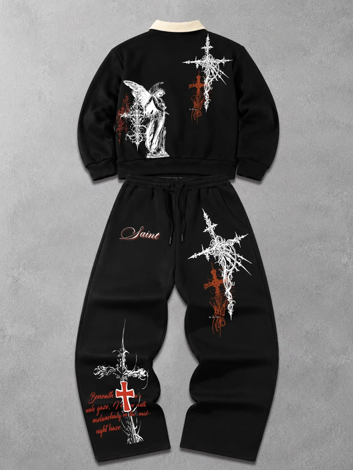 Cyber Y2K Dark Gothic Angel Cross Graphic Sweatsuit Set - Oversized Lapel Collar Sweatshirt with Wide Leg Pants 2-Piece Set (Trendy Streetwear / Couple Outfit)