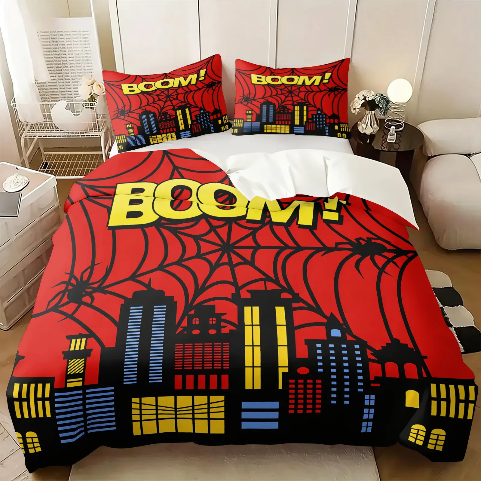 Street Graffiti Boom Letter Skyscraper Pattern Decorative Duvet Cover Set, Include One Comforter Cover and 1/2 Pillowcases, Eye-catching Contrast Heavy Graphic Design Quilt Cover, Vintage American Street Style Bedroom Bedding Decor