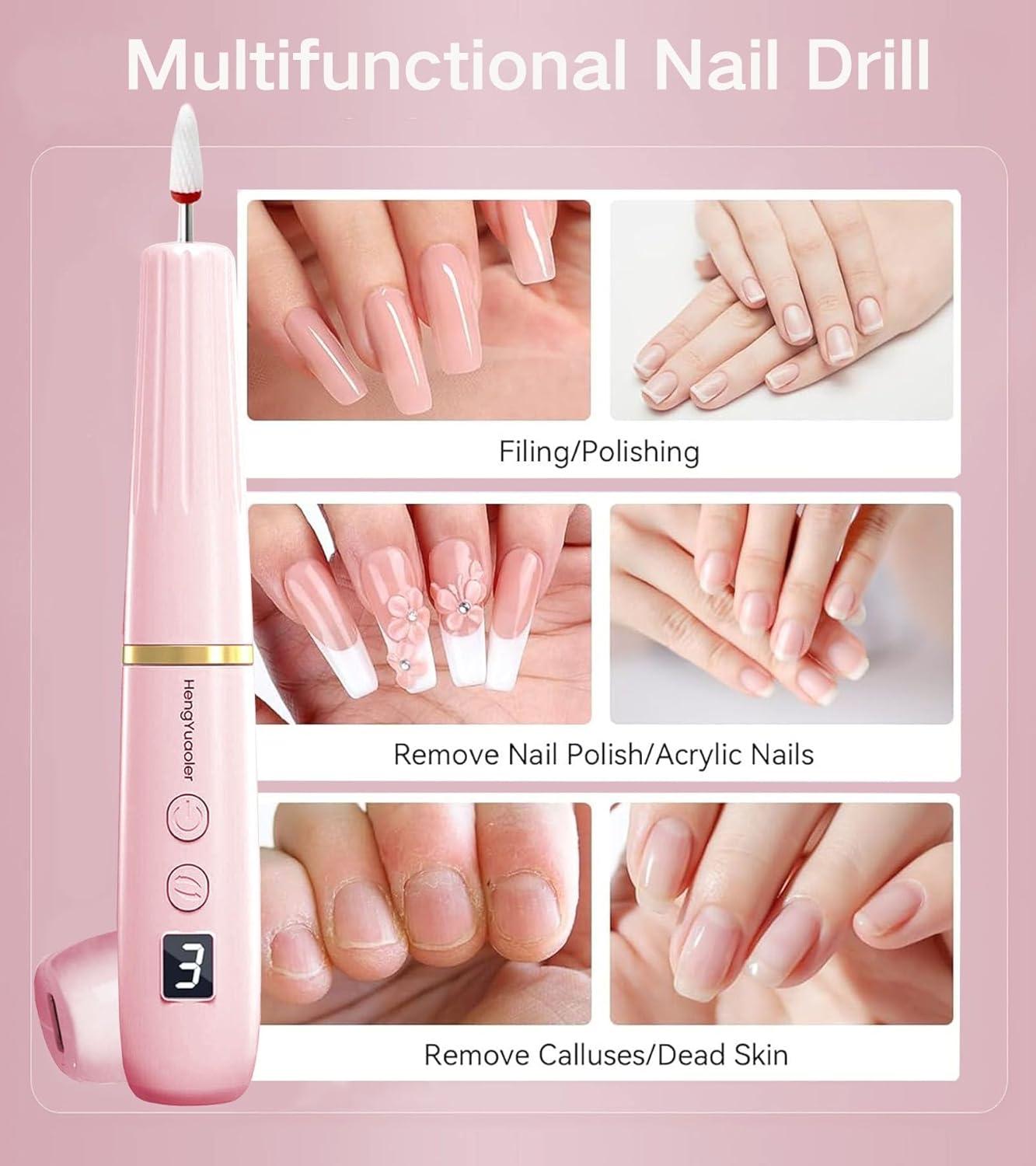 HengYuaoler Electric Nail Drill & File - Portable Nail Machine Kit for Acrylic Gel & Dip Powder Nails Manicure Pedicure Polishing Set with 12 Bits & Sanding Bands Matte Pink
