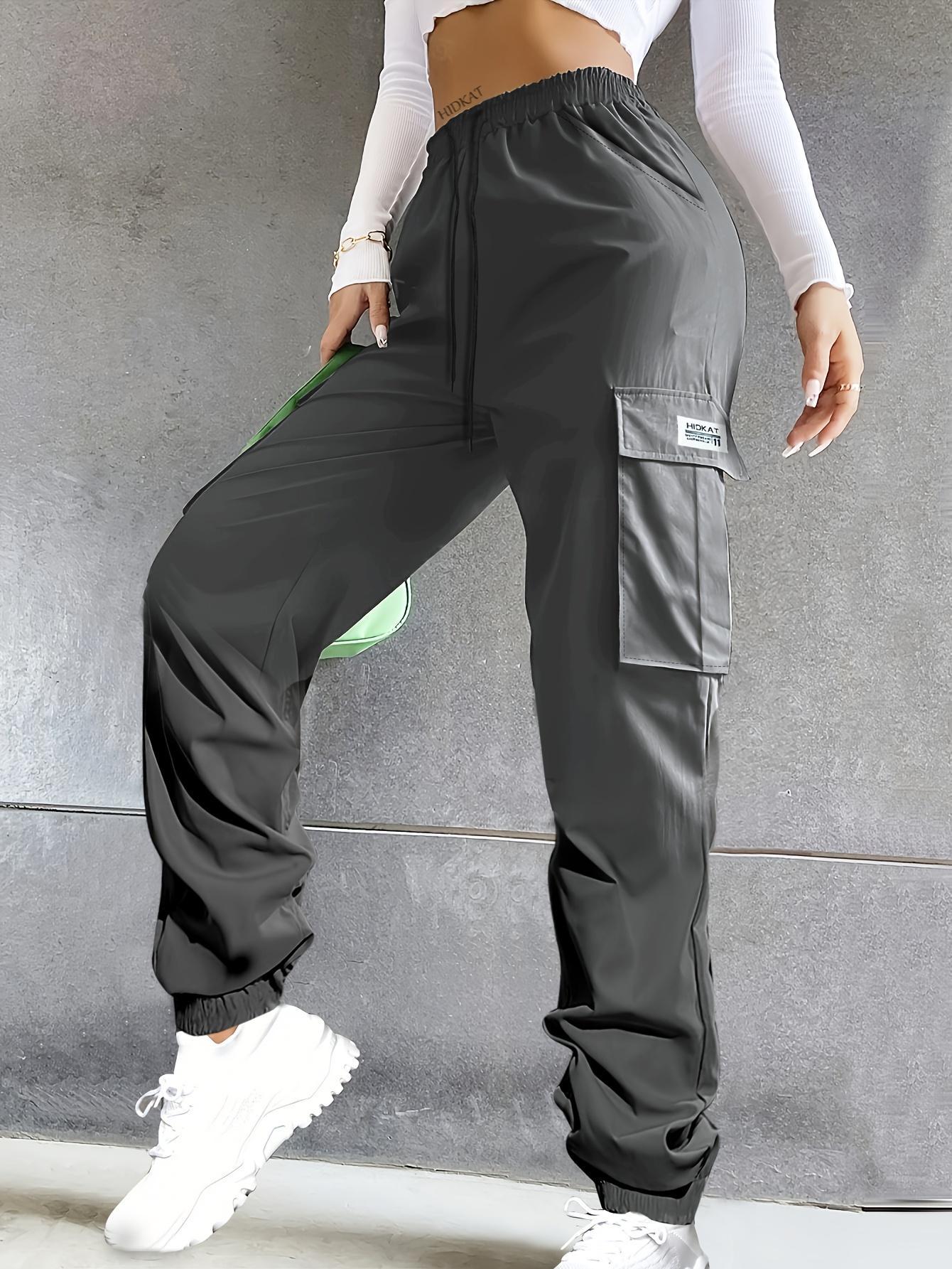 Women's Lightweight Cargo Pants - Elastic Drawstring Waist & Spacious Utility Pockets | Regular Fit Streetwear Trousers for Everyday Comfort | All-Season Breathable Fabric (Solid Colors, Relaxed Fit)