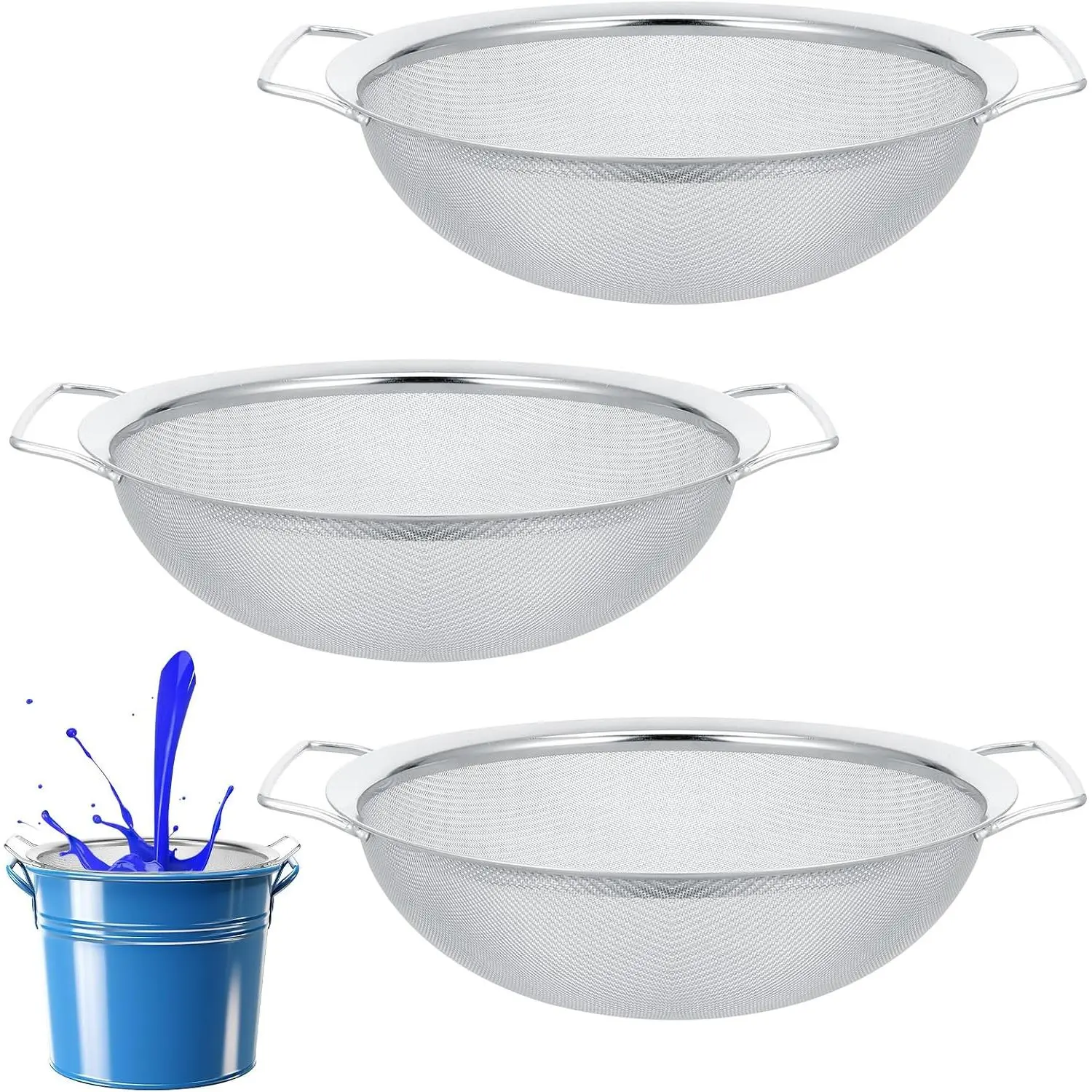 3-Pack Stainless Steel Fine Mesh  Strainer, 14 Inch Large Strainer with  Handles Fits 5 Gallon Bucket, Filters , Oil, Honey,  & Easy Clean