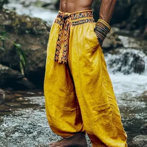 Men's Cotton Linen Pants Summer Pants Bloomers Baggy Pants Pocket Color Block Comfort Breathable Daily Holiday Retro Vintage