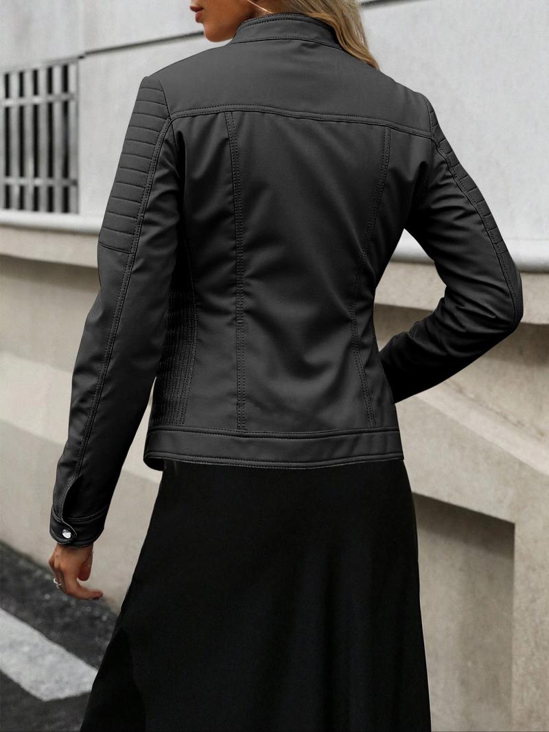 Women's PU Jacket Spring Fall Retro Motorcycle Style, Casual Fitted Plaid Outerwear, Long Sleeve Stand Collar Commuter Coat