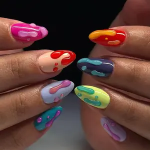 30pcs Medium Almond Shape Nail Art Set, Rainbow Color Gel Nails, Includes Jelly Glue and File, Perfect for Women and Girls