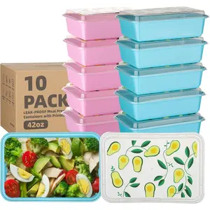 10 Pack 42 oz Kitchen Meal Prep Containers, Reusable Plastic Airtight Spill-Proof Re-Sealable Storage Containers with Printed Lids, Microwave Freezer Dishwasher Safe, Airtight Food Containers, Stackable, On-the-Go Take Out Boxes for Avocados