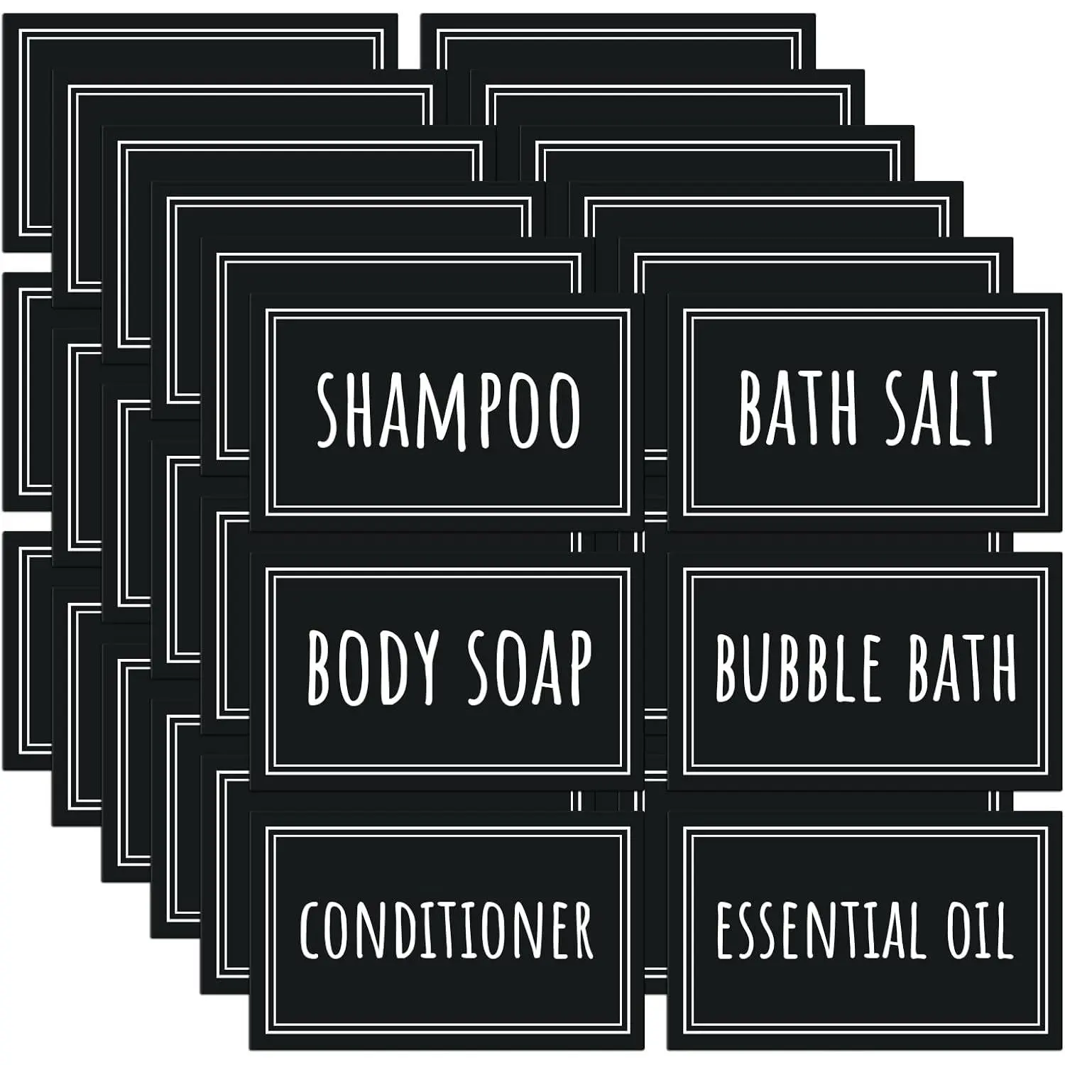 36 count Black  Labels, Self-Adhesive Bathroom Labels for Organizing, Removable Printed Shampoo Conditioner  Soap Bath Salt Essential Oil Label Stickers for Plastic Glass Bottles