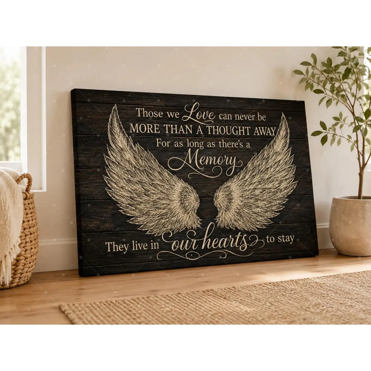 Vintage Wood Grain Angel Wings Memory Quote Canvas Wall Art, Sympathy Remembrance Sentimental Text Painting For Bedroom Living Room Farmhouse Memorial Apartment Wall Decor, Available as Unframed Canvas Poster or Framed Canvas Wrap