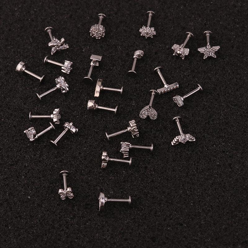 24Pcs 16G Gold CZ Internally Threaded Labret Set, 316L Stainless Steel Cartilage Stud Pack, Hypoallergenic Internally Threaded Nose Studs for Women Men