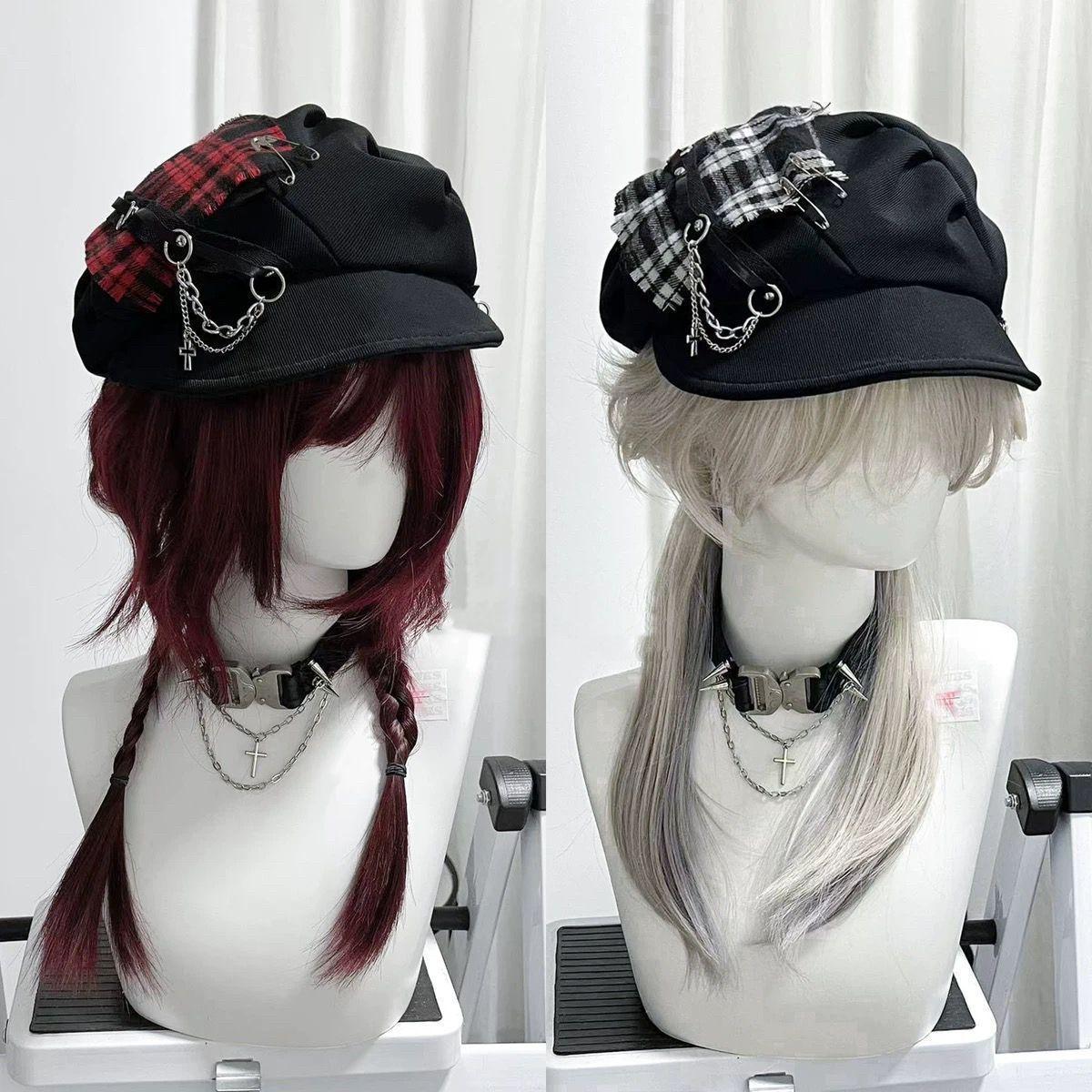 Women's Hat Sweet Cool Style Y2K Subculture Punk Millennial Spice Cross Neutral Dark Checkered Beret Hat Cute Hat Gothic Lollita
