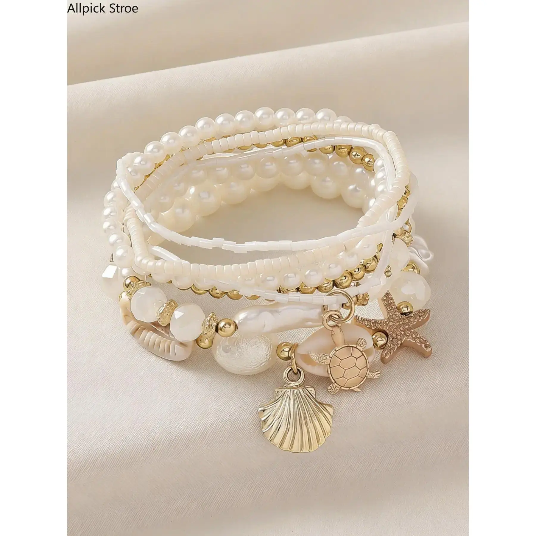 Women's Boho Stackable Bracelet Set, Handmade Polyester Jewelry with Shell Motifs and Faux Pearl Charms, Beach Vacation Accessories for a Layered Look, For Women, Boho Charm Set, Braces, Charm Bracelets