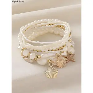 Women's Boho Stackable Bracelet Set with Shell, Starfish & Faux Pearl Charms, Handmade Beach Vacation Jewelry, Jewelry For Women