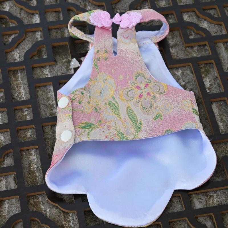 Paws Trendy Pet Spring & Summer Qipao for Dogs & Cats, suitable for Teddy, Bichon Frise and other small dogs. Features embossed fabric with exquisite retro frog buttons, fine workmanship, exuding noble elegance and making your beloved pet stand out.