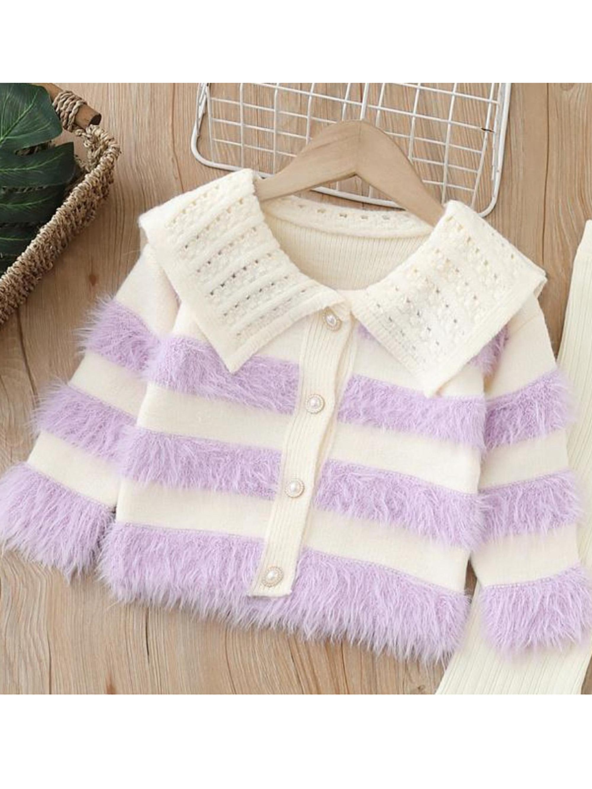 Girls' ted Knit Sweater with Plush Stripes & Pearl Buttons - Soft Pastel Purple & Contrast, Cozy Lapel Collar, Loose Fit Winter Warmth, Cute Casual Daily Wear for Fall/Winter, Easy Button-Front Closure (No Zippers) - Ideal for School & Playdates - D