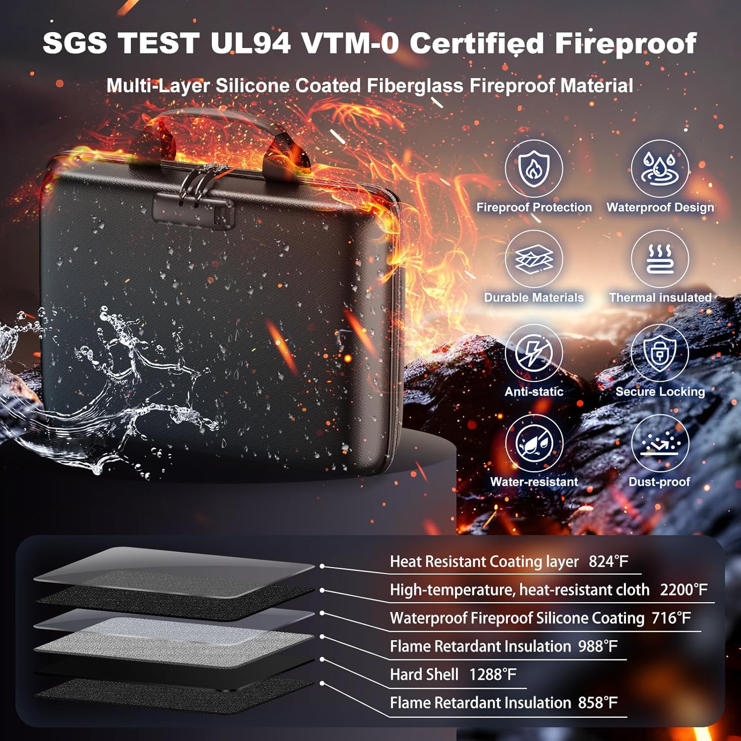 Fireproof Document Box, Hard Case Fireproof File Organizer with Lock and 13 Pocket Accordion File Folder, Portable Safe Box for  Office Travel to Storage Important Documents Laptop Black