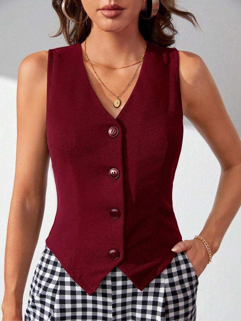 Women's Solid Color Button Front Vest, Elegant Fashion Casual Sleeveless Outerwear for Daily Outdoor Wear, Ladies Clothes for All Seasons, Tops