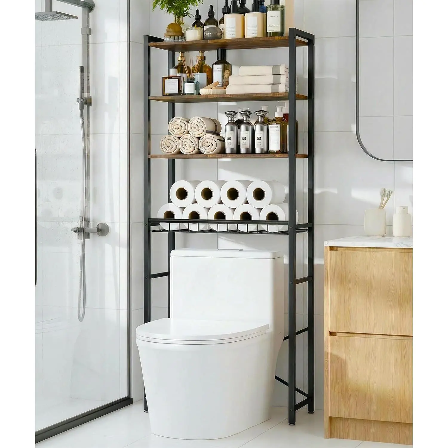 Four-tier storage shelf above the toilet, featuring an integrated wooden frame and open mesh baskets, bathroom storage rack with adjustable legs and anti-tip kit, space-saving toilet shelf, brown, 24.4" x 9.4" x 69.3"