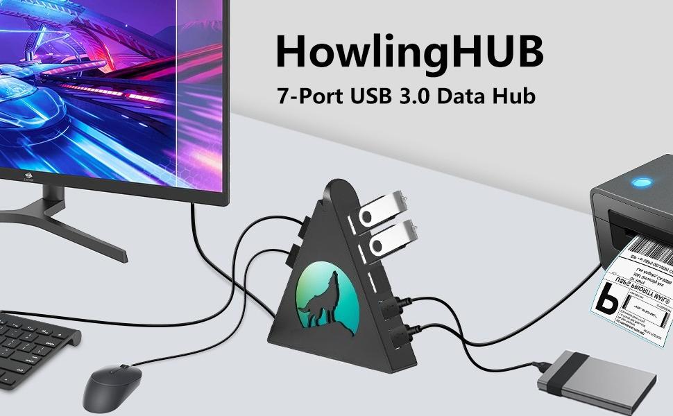 L-APT030    7-Port USB 3.0 Hub, Vertical USB Hub Splitter with RGB Lighting,5Gbps High-Speed Data Transfer and 2FT Extension Cable, Compatible with PC, MacBook, Laptop, PS5, Xbox, Flash Drive, Printer