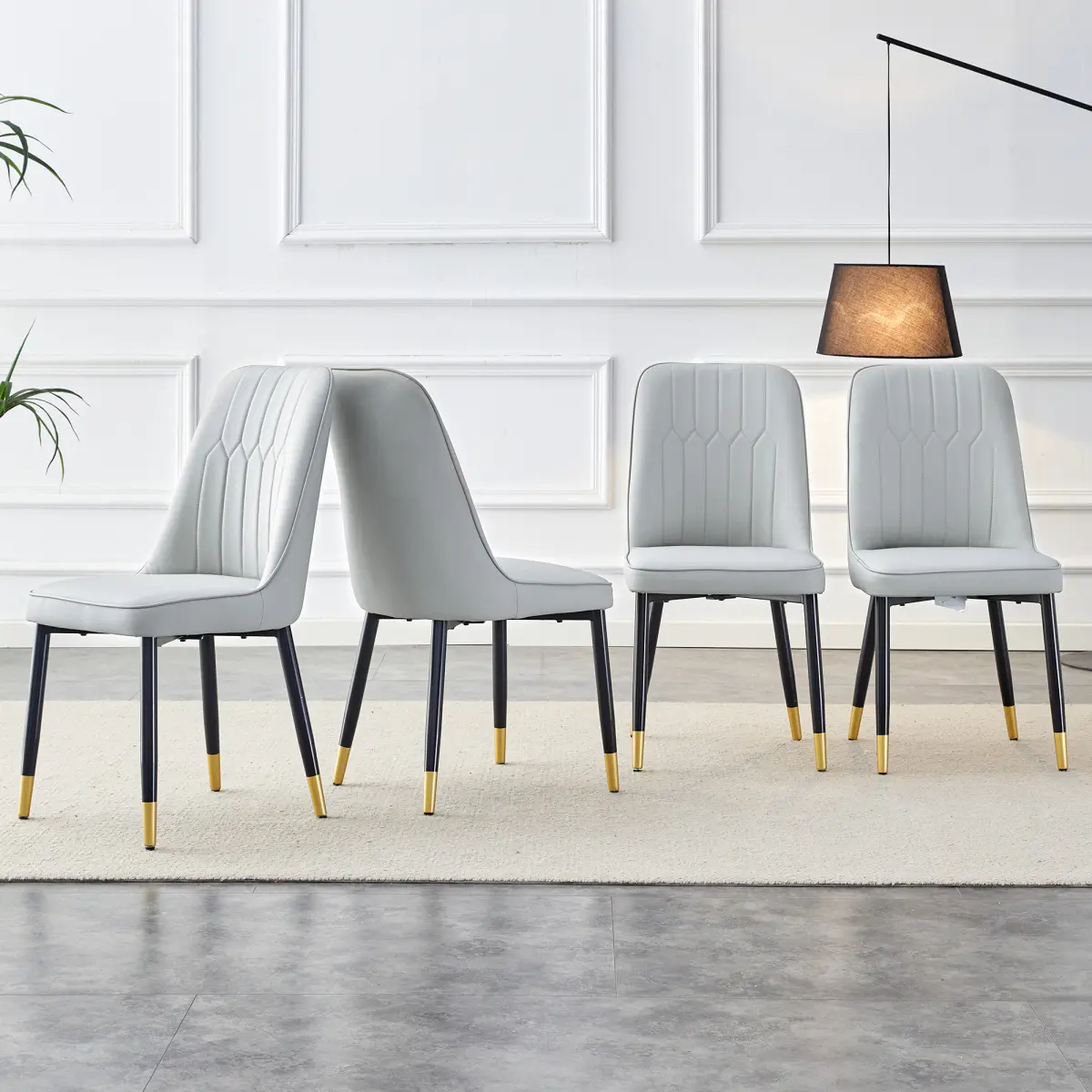 Set of 4 Armless Modern Waterproof PU Leather Dining Chairs - Light Gray Backrest Cushions, Black Metal Legs, Suitable for Restaurants, Kitchens