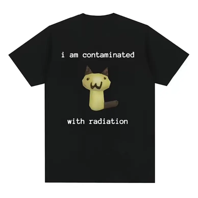 I Am Contaminated With Radiation Low Poly Cat Graphic Cotton T‑Shirt, Comfort Oversized Funny Fashion Outfit, Retro Game Meme Tee, Perfect Valentine’s Day Holiday Gift For Meme Game Fans Friends