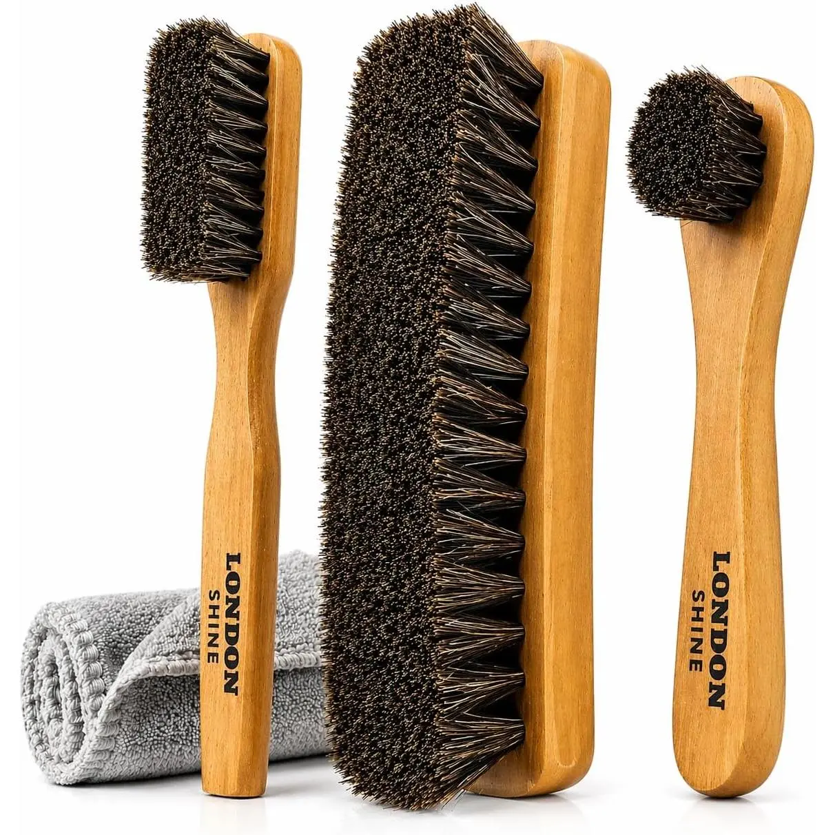 Shoe Shine Brush Kit, 4 Piece Horsehair Shoe Polish Brush Set for Leather Shoes & Boots, Shoe Care Cleaning Kit with Dauber Applicator Brushes, Suede Cleaner Brush and Microfiber Cloth.