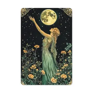 Art Nouveau Goddess Print Metal Tin Sign - 12x8in Vintage Ornate Border, Mystic Woman Reaching Full Moon, Wildflower Starry Night Artistic Wall Plaque Decor, Gifts Ornaments for Witch Room, US Local Warehouse Decoration rustic wall decor