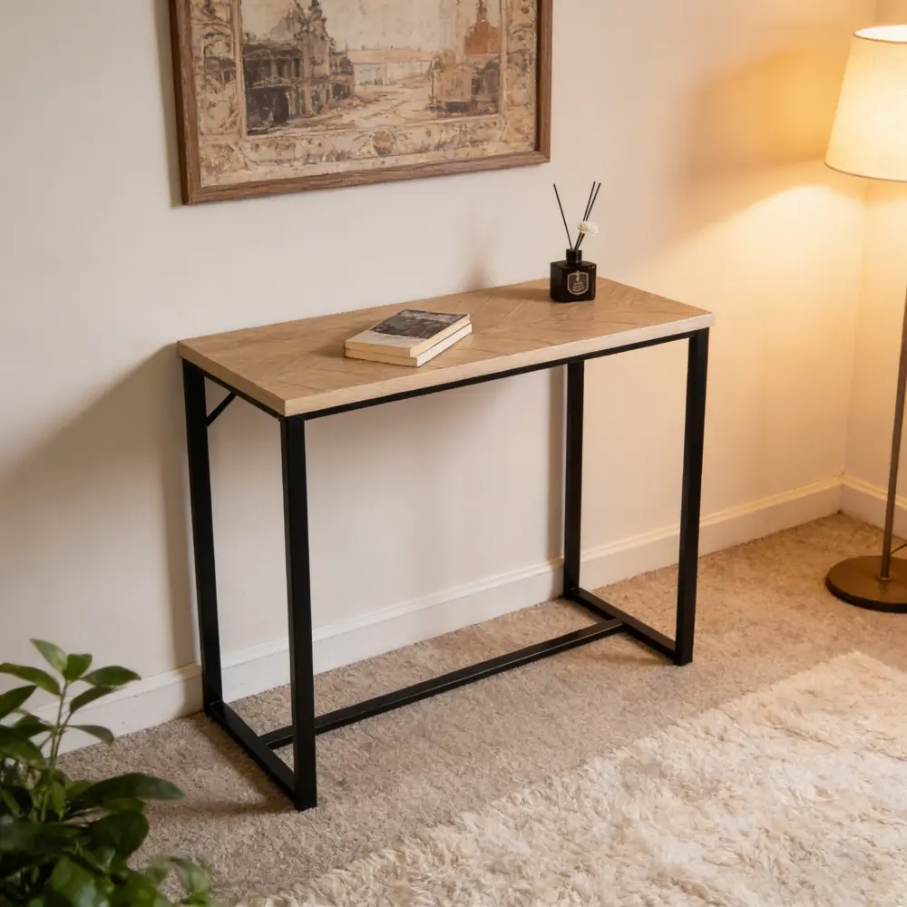 Bali Coastal Console Table, Modern Entryway Table with Natural Wood Top and Black Metal Legs, Rustic Farmhouse Sofa Side Table, Narrow Hallway Table, Accent Table for Living Room, Bedroom, Entryway, Home Office, Decorative Furniture
