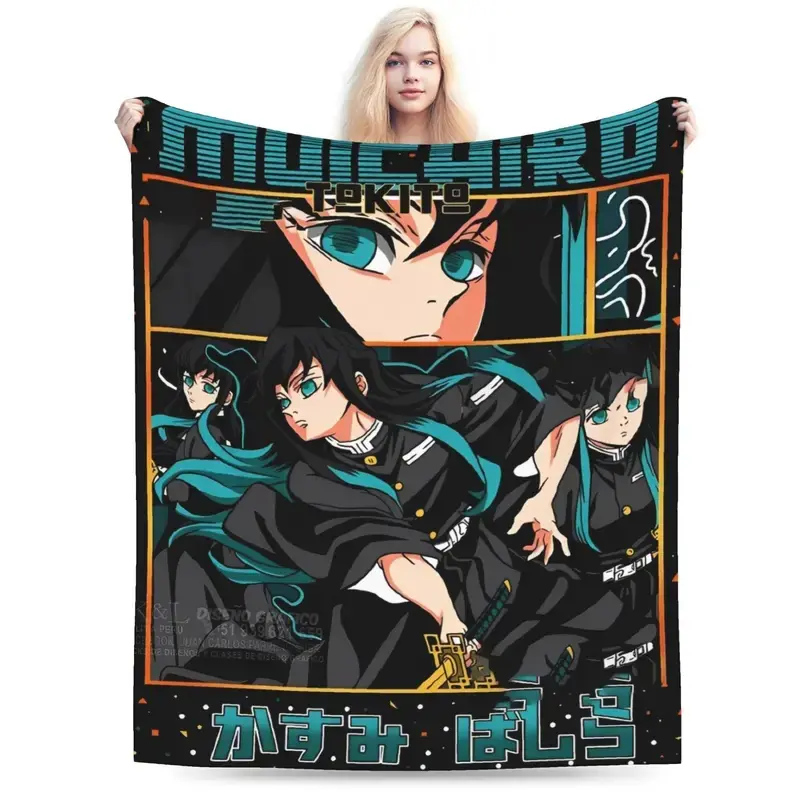 Demon Slayer Muichiro Tokito Grid Frame Flannel Throw Blanket Teal Text Multi-Shot Anime Samurai Soft Warm Blanket Gift for Demon Slayer Muichiro Fans Teens Boys