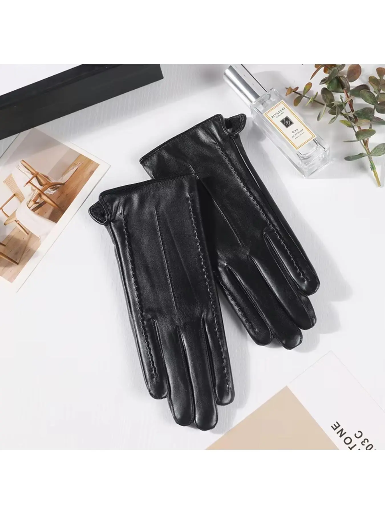 Winter Plush PU Embroidered Slim Fit Gloves for Women Soft Plush Inner Windproof Gloves Outdoor Commuter Driving Versatile Warm Accessories