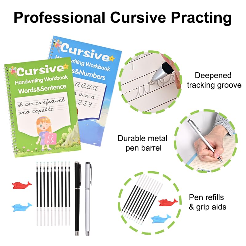 2 Pack Grooved Cursive Handwriting Workbook, Disappearing Ink Cursive Tracing Books,  Learning Cursive Writing Books for Teens