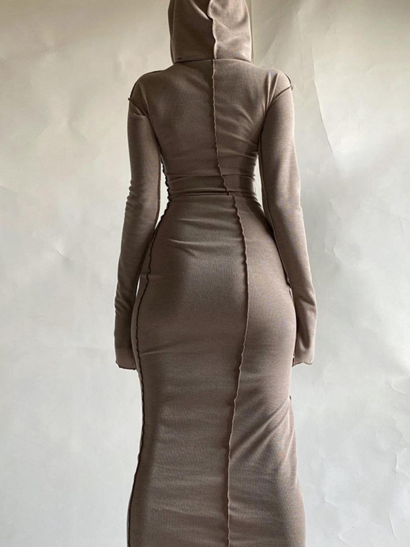 Women's Plain Drop Shoulder Hooded Bodycon Dress, Casual Long Sleeve Solid Long Dress for Fall & Winter, Women's Clothing