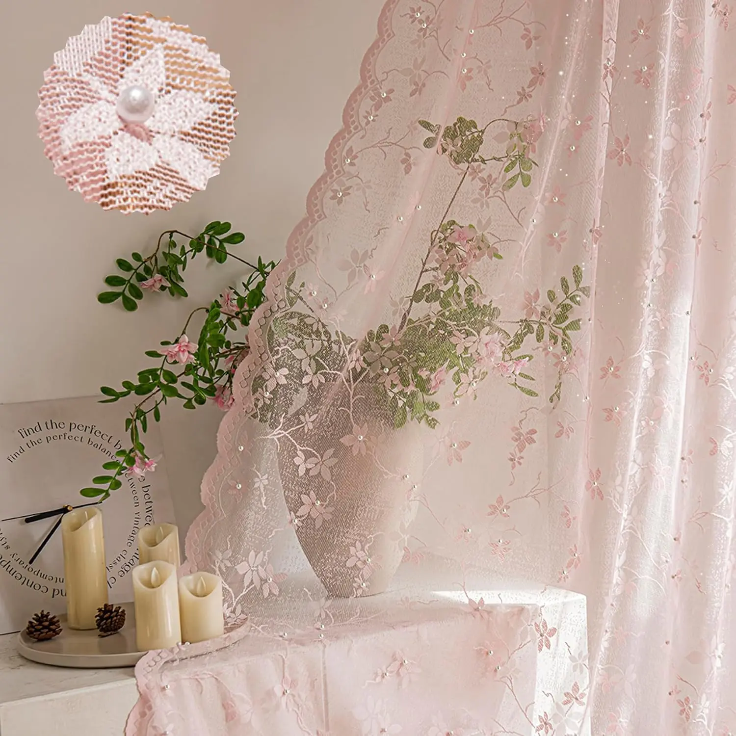 Vintage Pink Lace Curtains - Classic, Elegant Color Palette Sheer Panels with Scalloped Edges & Pearl Decor Floral, Double Rod Curtains, 52x63 in, Set of 2, Light Filtration for Living Room & Bedroom