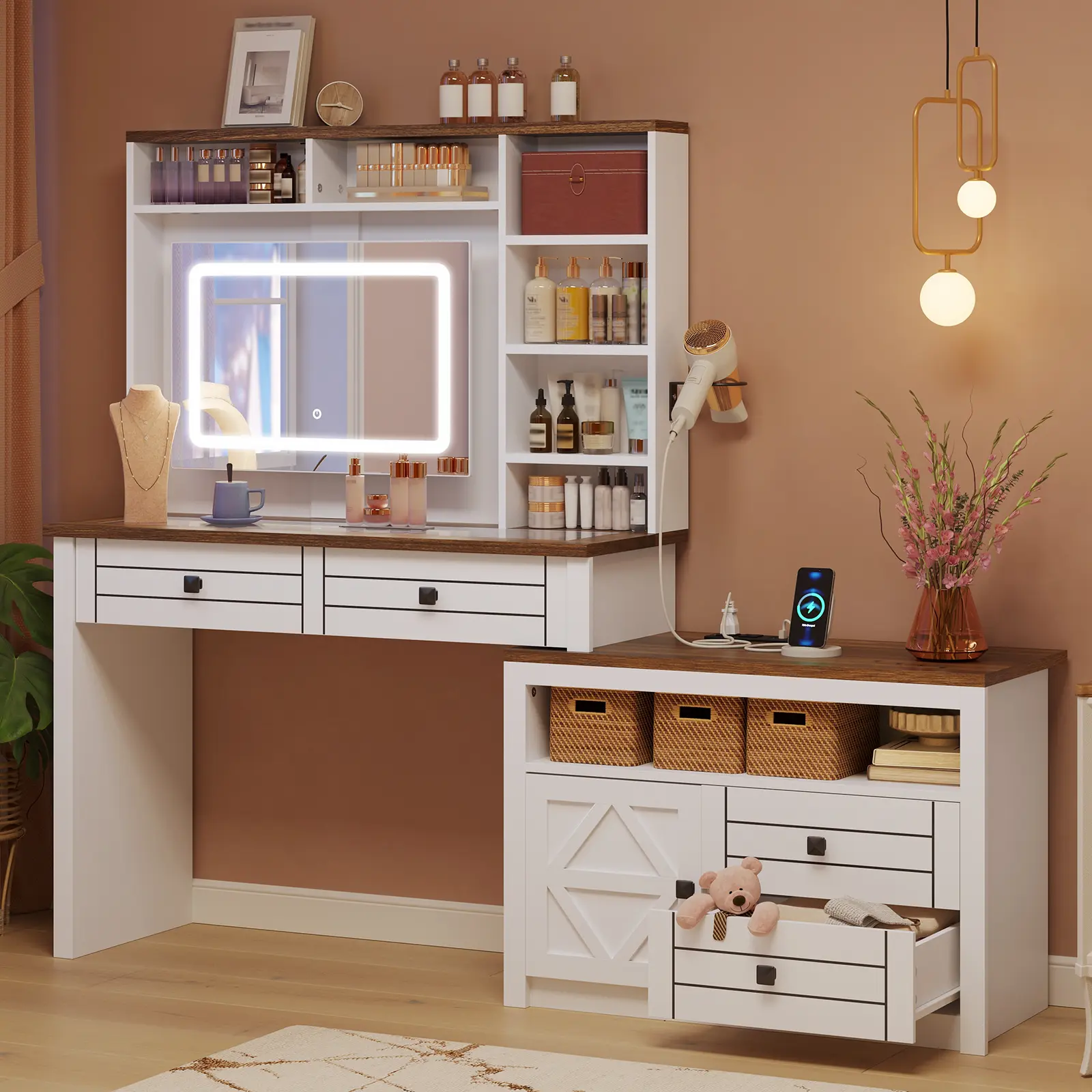 Farmhouse Vanity Desk with Mirror and Lights, 65 Inch Large Makeup Vanity with Storage Drawers, 7 Open Shelves & Storage Cabinet, Make Up Dressing Table for Bedrooms Apartments