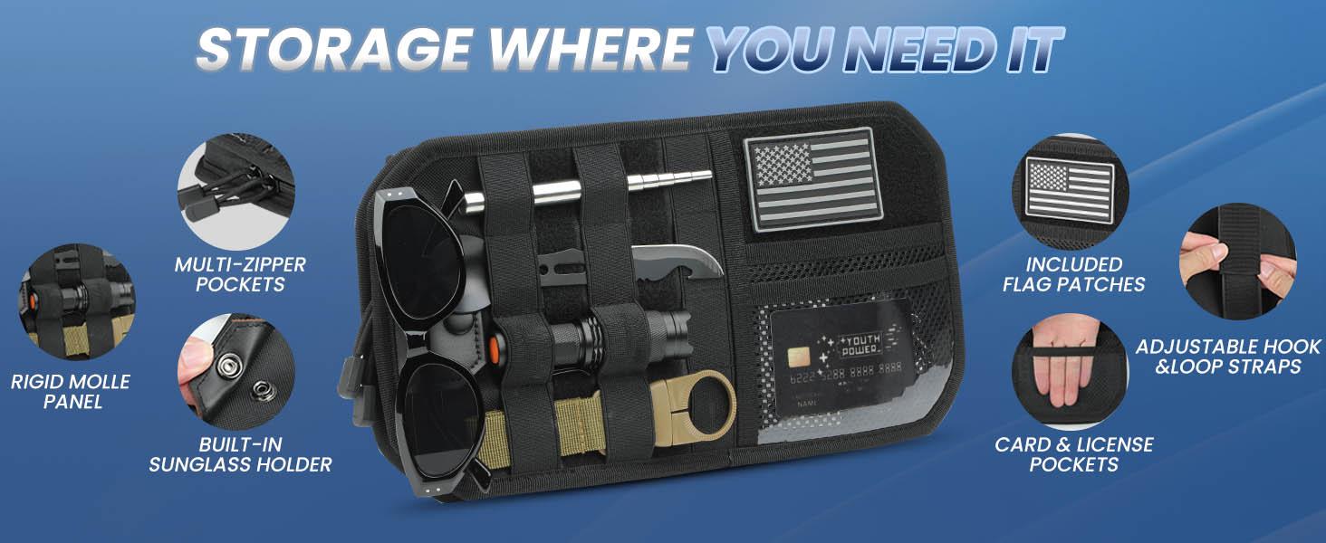 Molle Visor Organizer for Car, 1000D Polyester Tactical Panel Sun Glasses Holder with Zipper Pockets, Adjustable Straps for SUV Truck Pickup Patrol Car Sto