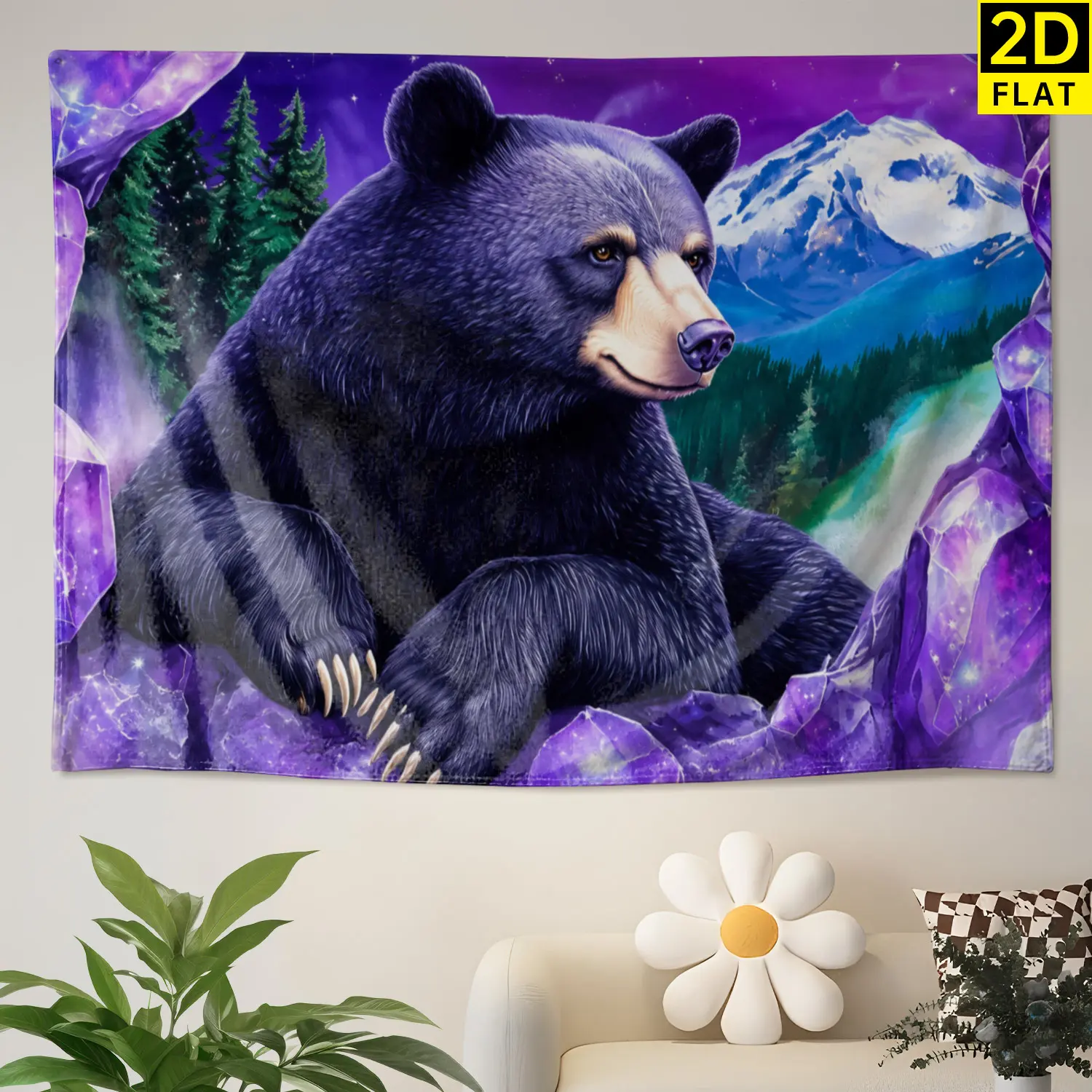 Purple Crystal Black Bear Mountain Forest Wall tapestry,Large size Printed Horizontal Tapestry blanket,Polyester Fabric Wall Hanging for living room,bedroom,No Installation Required,Indoor,Outdoor,Gift for Family and Friends